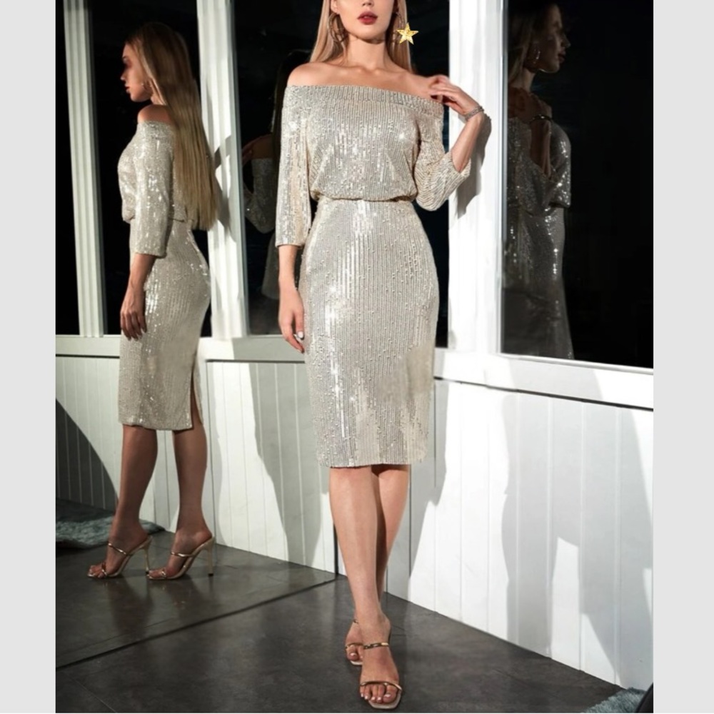 Luxe off shoulder sequins bodycon dress champagne gold
